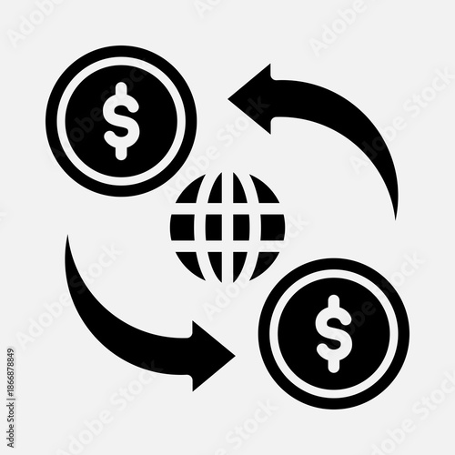 Black and white icon depicting global money transfer with dollar coins and arrows circulating around a world globe.