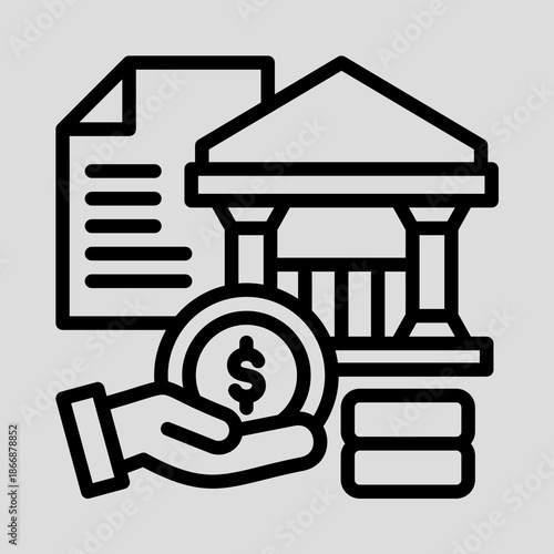 Outline icon depicting financial services, banking, and monetary transactions, featuring a document, a classical bank building, a hand holding a dollar coin, and stacks of money.