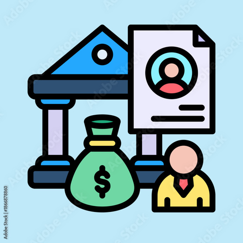 Financial services concept with bank building, money bag, document, and person icon.