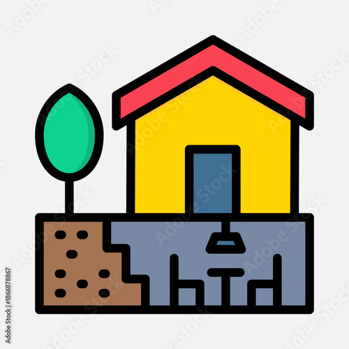 A colorful icon showing a cross-section of a house with a basement and a tree.