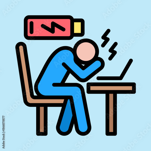 A stick figure person experiencing burnout and low energy while working on a laptop at a desk.