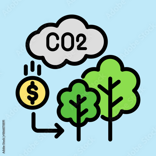 Illustration of carbon offsetting with money flowing towards trees to reduce CO2 emissions and promote environmental sustainability.