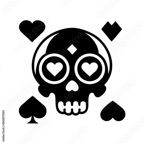 Black and white skull with heart and diamond eyes and playing card suit symbols around the neck design