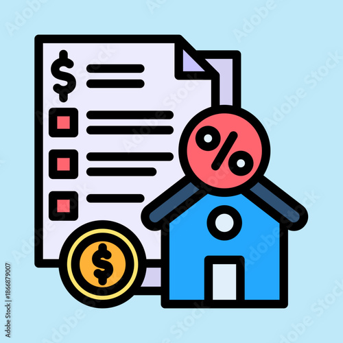 Illustration depicting a house, financial document, coin, and percentage symbol, representing real estate, mortgage, and property investment concepts.