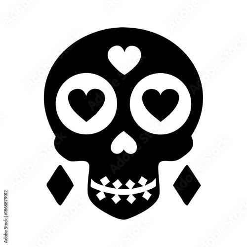Black and white skull with heart and diamond eyes and playing card suit symbols around the neck design