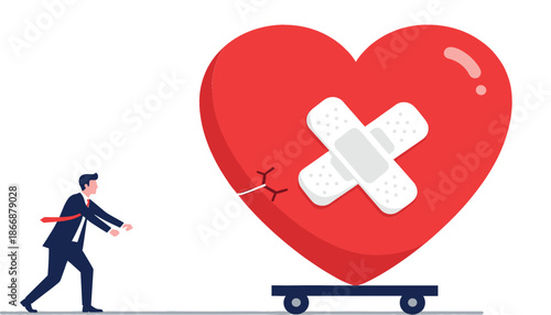 Conceptual illustration of a businessman pulling a large red heart with bandages on a trolley for emotional healing and relationship recovery.