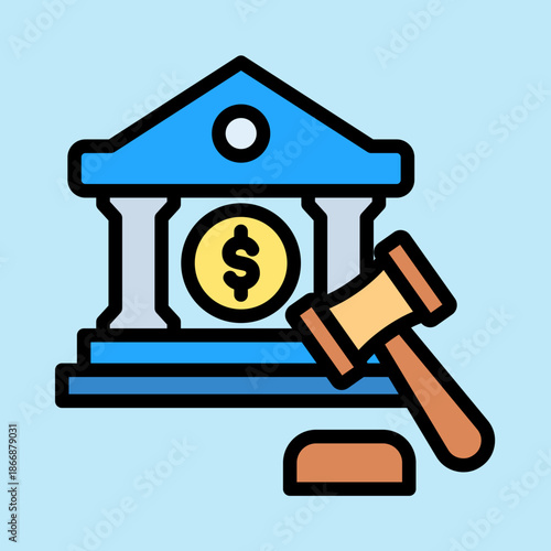 Iconic illustration of a bank or courthouse building with a dollar coin and a judge's gavel, symbolizing financial law and justice.