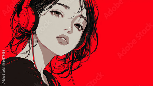 ヘッドフォンで音楽を聞く女性をYouTube動画サムネイル用にアニメスタイルで描いたAI生成画