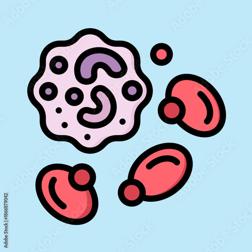 Detailed illustration of various blood cells, including a white blood cell and red blood cells, against a light blue background.