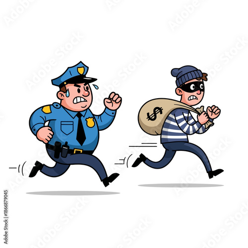 A cartoon police officer chases a thief with a money bag
