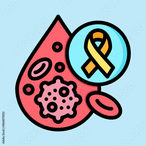 Illustration of a blood drop containing red blood cells and a cancer cell, with a magnifying glass highlighting a yellow awareness ribbon.