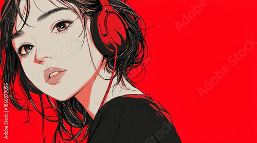 ヘッドフォンで音楽を聞く女性をYouTube動画サムネイル用にアニメスタイルで描いたAI生成画