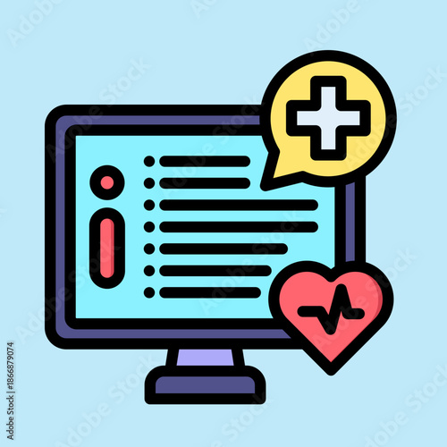 Digital health information system displayed on a computer monitor with medical cross and heartbeat icons, representing online healthcare data and patient records.