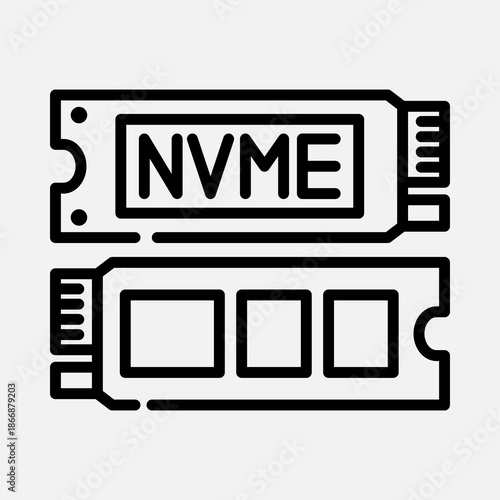 Line art illustration of two NVMe solid-state drives, one labeled NVMe, representing modern computer storage technology.