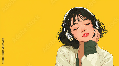 ヘッドフォンで音楽を聞く女性をYouTube動画サムネイル用にアニメスタイルで描いたAI生成画