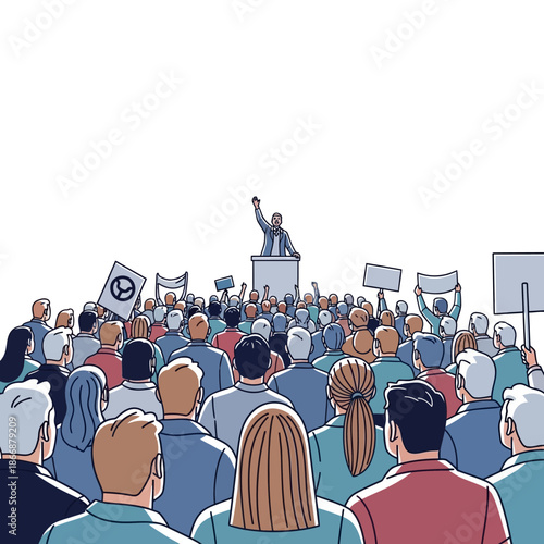 A speaker addresses a large crowd of people at a public rally or protest