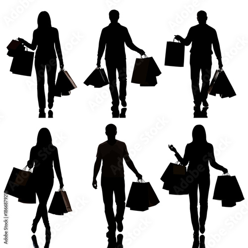 Silhouettes of people carrying shopping bags walking in various poses