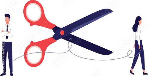 Large scissors cutting the connection between a businessman and businesswoman representing divorce, partnership termination, job loss, or broken relationship.