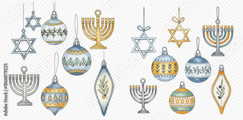 Watercolor Hanukkah and Christmas Ornaments Set with Menorahs and Stars of David.