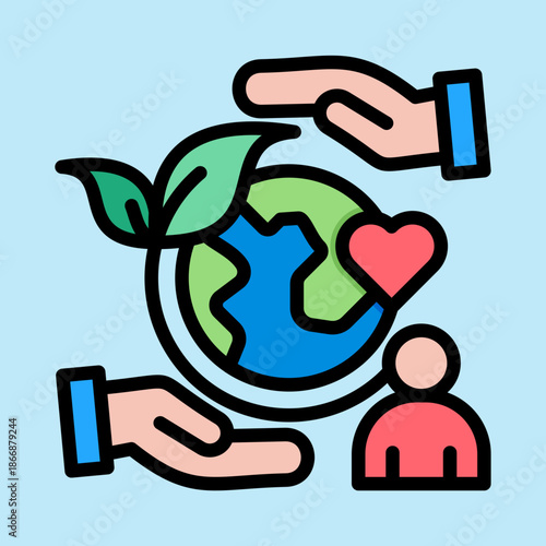 Stylized illustration of hands protecting the Earth, symbolizing global care, environmental sustainability, and human well-being.