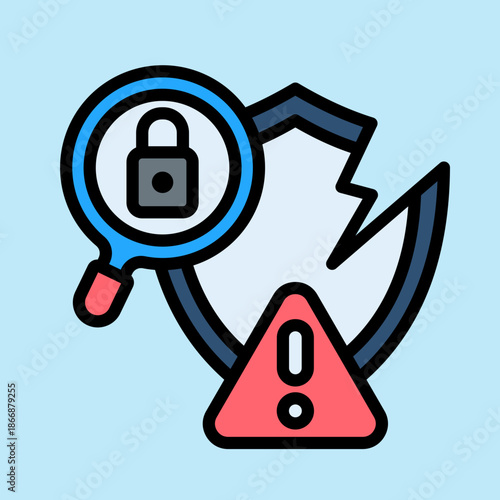 An icon illustrating a security breach with a broken shield, a magnifying glass inspecting a padlock, and a warning sign.