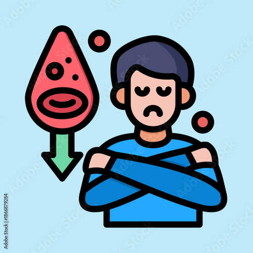 Illustration of a sad person with low blood count or anemia, indicating a health problem.