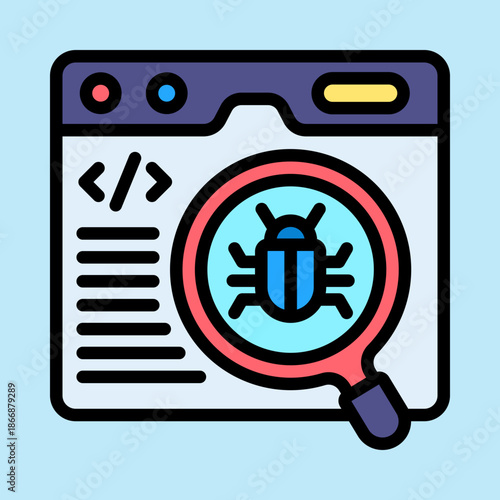 An icon depicting a magnifying glass over a browser window with a bug, symbolizing software debugging and error detection.
