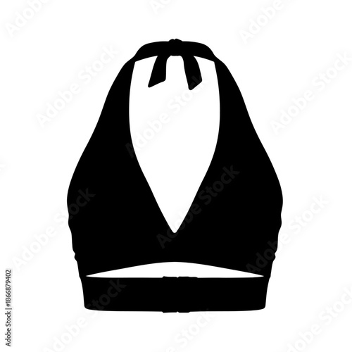 A simple black and white silhouette of a halter style bikini top
