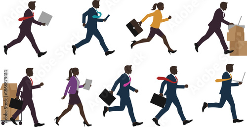 Dynamic Business People in Motion with Boxes, Laptops, and Briefcases Representing Fast-Paced Corporate Work, Logistics, and Productivity Concepts
