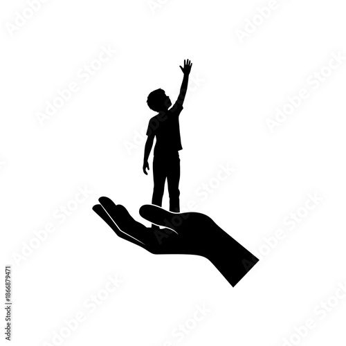 A child silhouette standing on a large hand reaching upwards