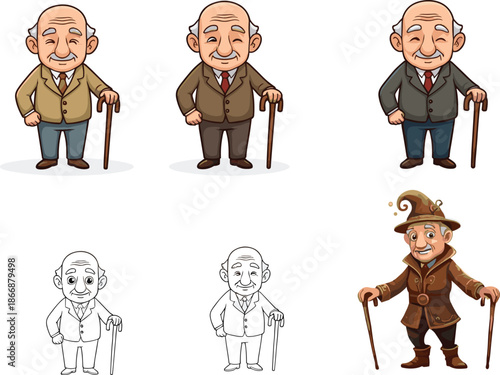 Elderly man cartoon character with cane in different outfits including wizard costume and line art variations for vector illustration design