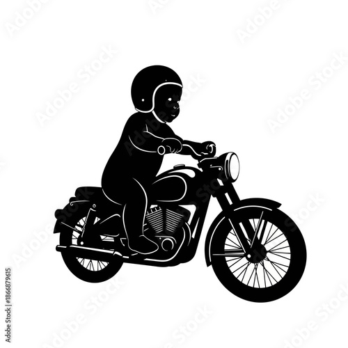 A young boy enthusiastically rides a classic motorcycle in a black and white illustration