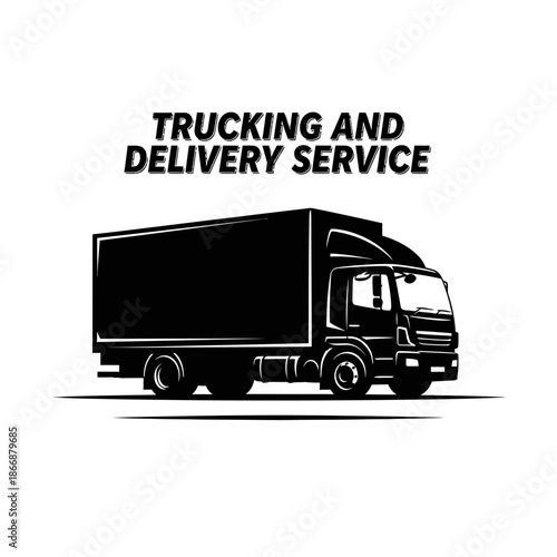 Black silhouette of a delivery truck with text trucking and delivery service