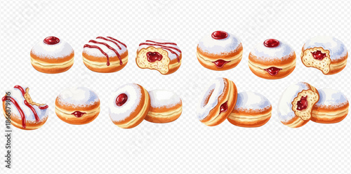 Delicious Hanukkah sufganiyot with white icing and red jam filling, traditional Jewish holiday dessert.