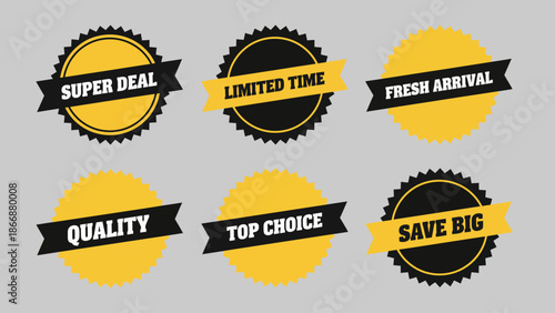Yellow Sale Badges Set Super Deal Limited Time Fresh Arrival Quality Top Choice Save Big Vector Illustration