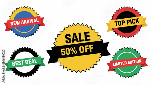 Colorful Sale Badges Set New Arrival Best Deal 50% Off Top Pick Limited Edition Vector Illustration