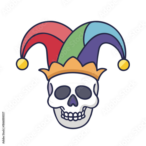 Human skull adorned with a jester's hat, artistic representation exploring themes of folly