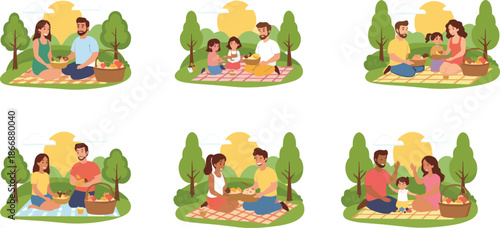 Family picnic outdoors, parents and children enjoying food, family bonding, nature, summer day, and family picnic illustration.