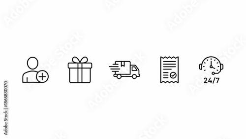 Customer Service Icons Set User Gift Delivery Invoice 24/7 Support Line Art Vector Illustration