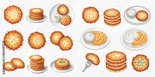 Delicious golden potato pancakes, also known as latkes, served with sour cream and fresh herbs.