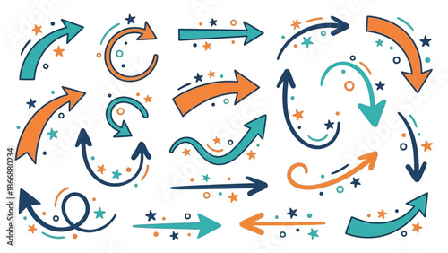 Colorful Hand Drawn Doodle Arrows Set Teal Orange Navy Swirly Curly Pointers Vector Illustration