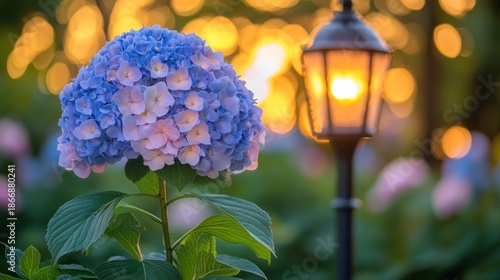 Hydrangea blossoms at sunset, lamp post