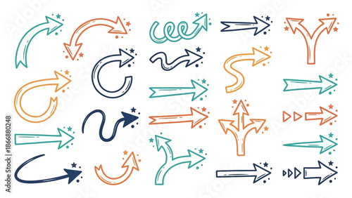 Hand Drawn Doodle Arrow Set Colorful Curly Swirly Pointers Vector Illustration