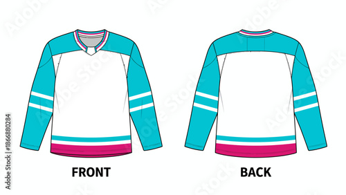 Ice Hockey Jersey Template Vector Mockup with Front and Back View, Cyan Blue and Magenta Pink Athletic Team Uniform Design
