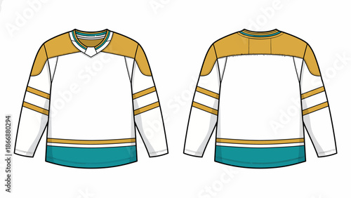 Ice Hockey Jersey Mockup Vector Template, White Uniform with Gold and Teal Stripes