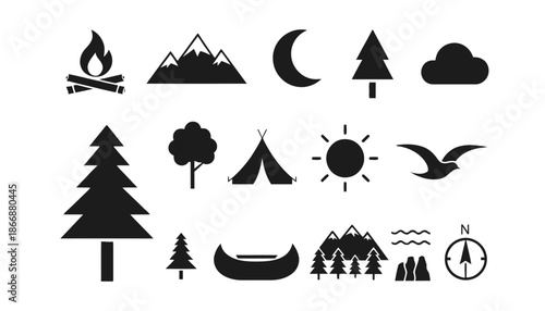 Black silhouettes of camping and outdoor icons on white