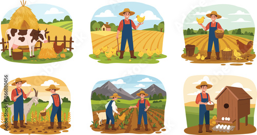 Farmer Caring for Animals and Harvesting Crops - Working with Chickens, Cows, Goats, and Growing Vegetables on Farm