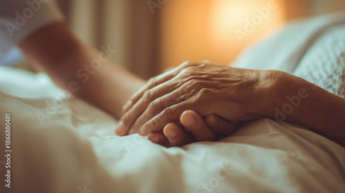 A comforting hand gently clasps the wrinkled hand of an elderly person lying in a bright white hospital bed showing care and compassion.