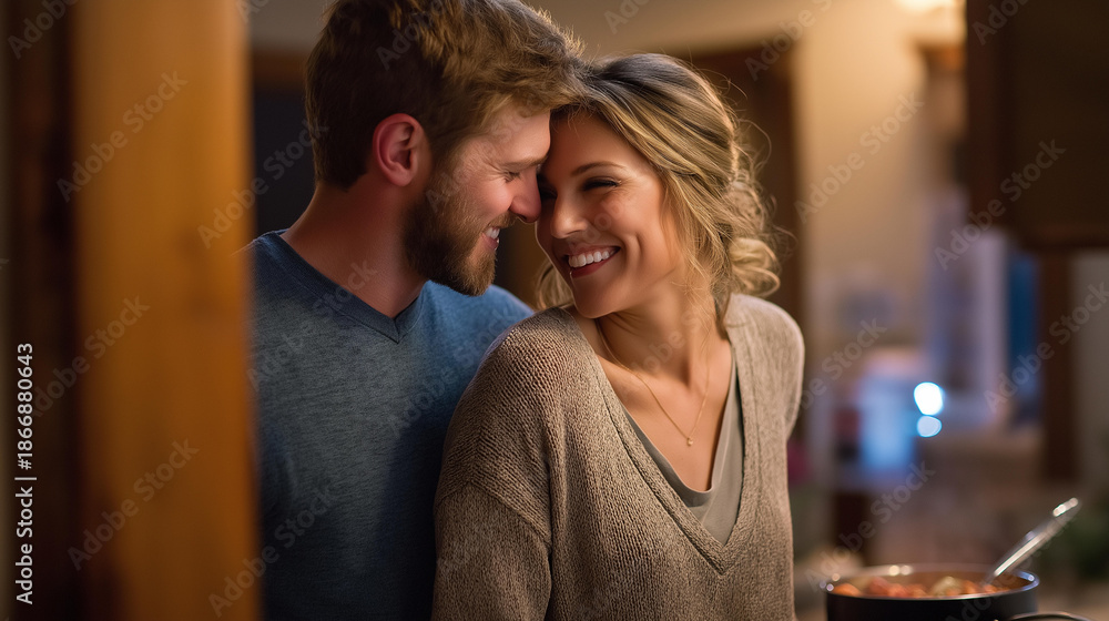 Fototapeta premium From a doorway, capturing a couple dancing in their kitchen, dinner simmering, joyful expressions, photorealistic. With copy space.