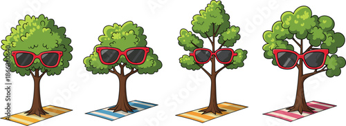 Funny cartoon illustration of cool summer trees wearing big sunglasses standing on colorful beach mats, playful vacation concept vector artwork design